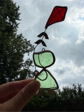 Vintage Stained Glass Girl with Red Kite Sun Catcher